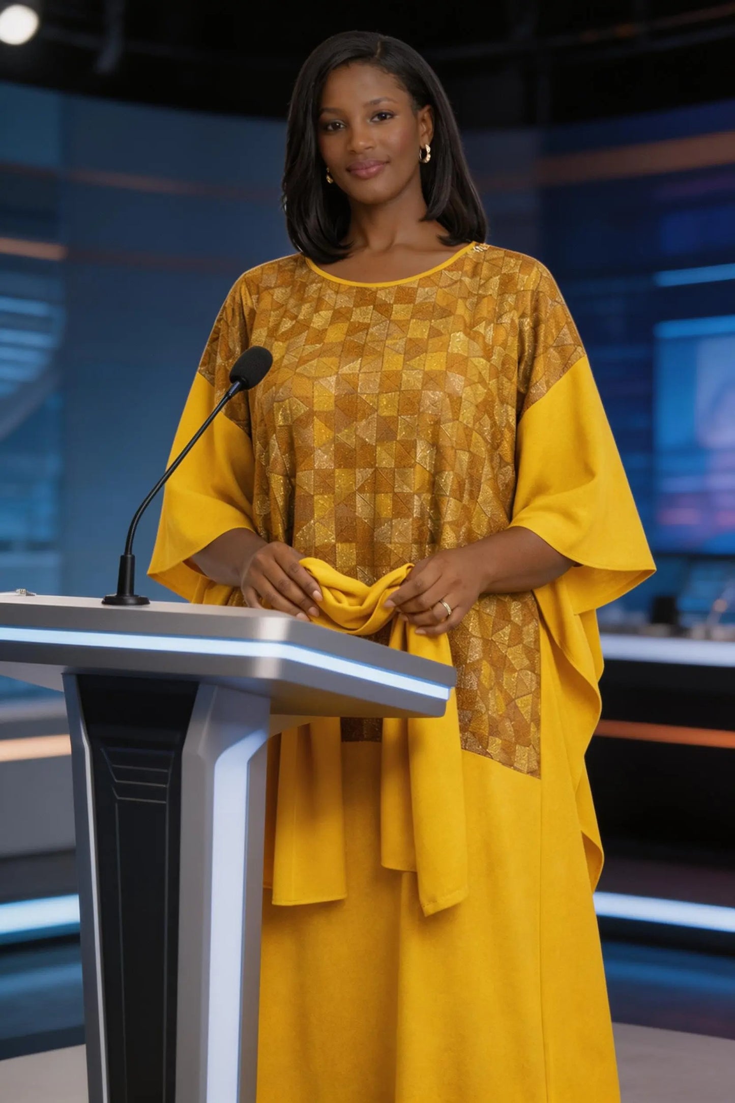 Women Mustard Yellow Kaftan Maxi Dress-Geometric Print-Plus Size Abaya
