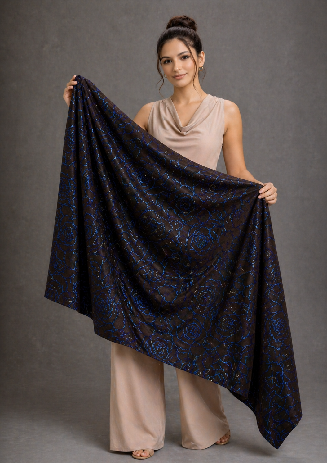 Luxury 4-Way Stretch Floral Fabric – Glossy Blue on Dark Base | 64” Wide | 2Y 7”