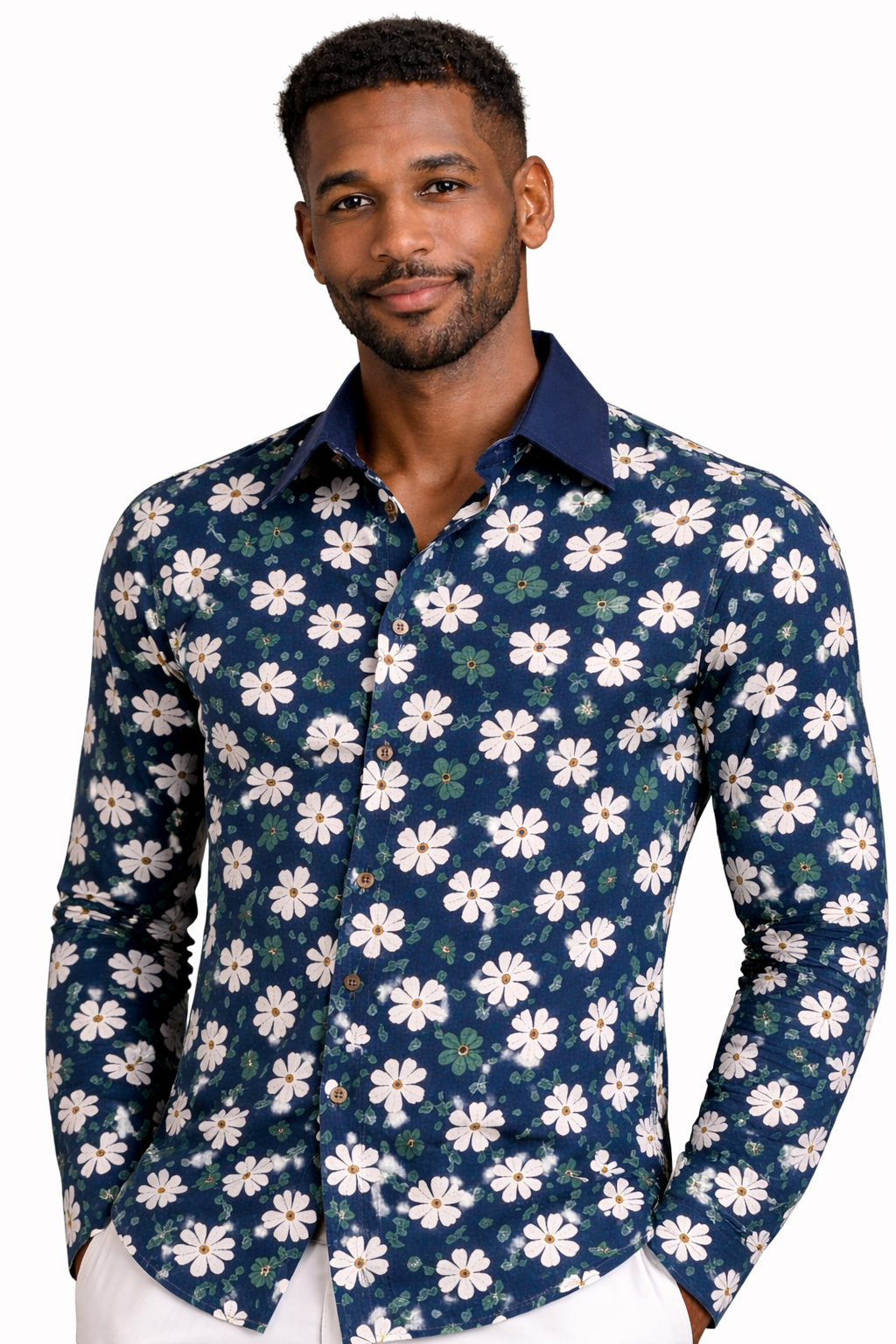 Premium Vintage Floral Cotton Fabric – Navy & Green Daisy Print | 60” Width | Soft Breathable Cotton Textile