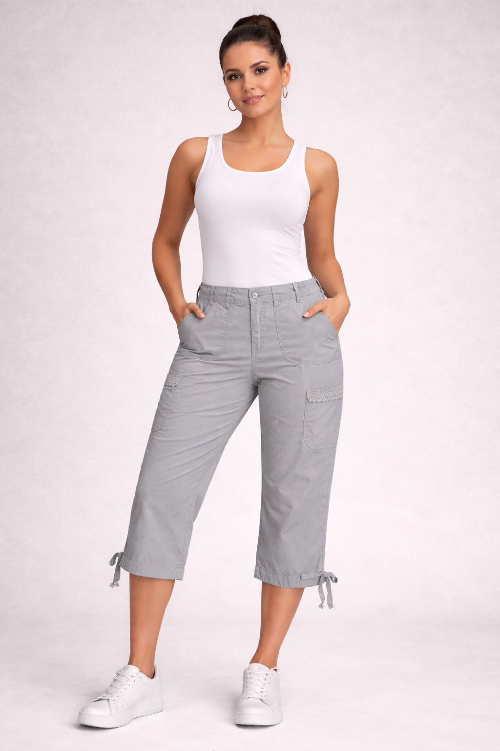 Women's Gray Cargo Shorts – Decorative Detail Style