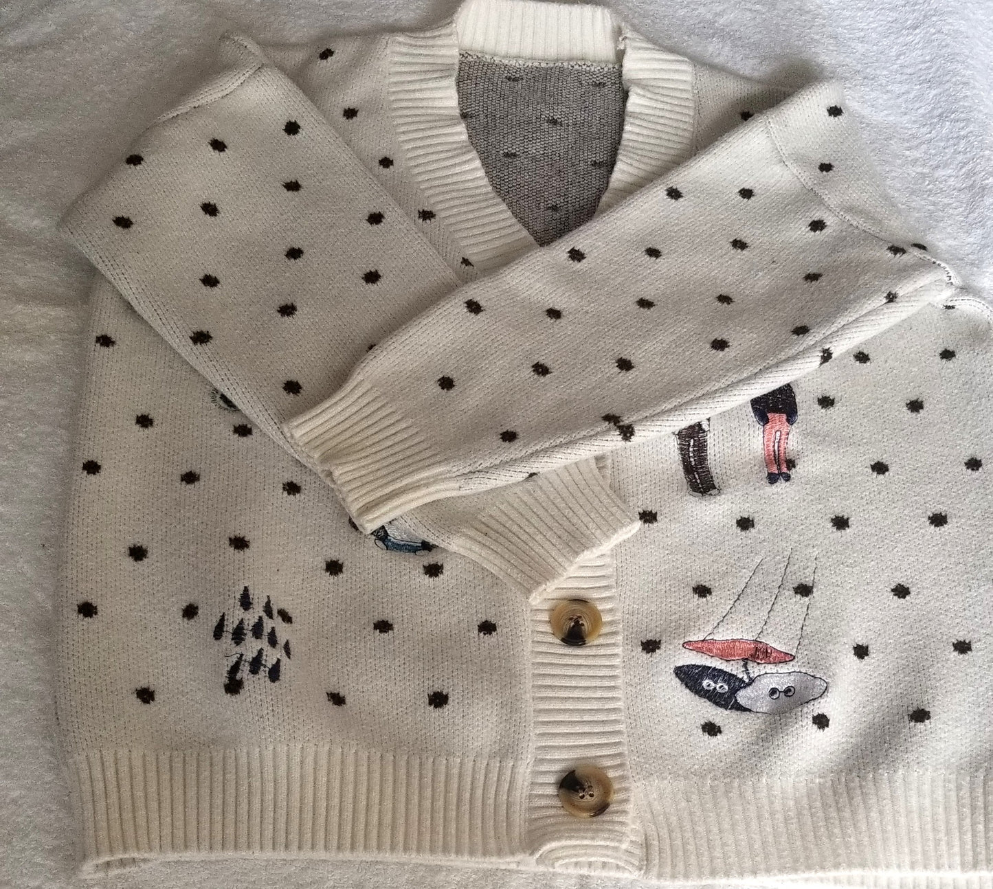 Women’s Cute Polka Dot Knit Cardigan Sweater – Embroidered Novelty Design