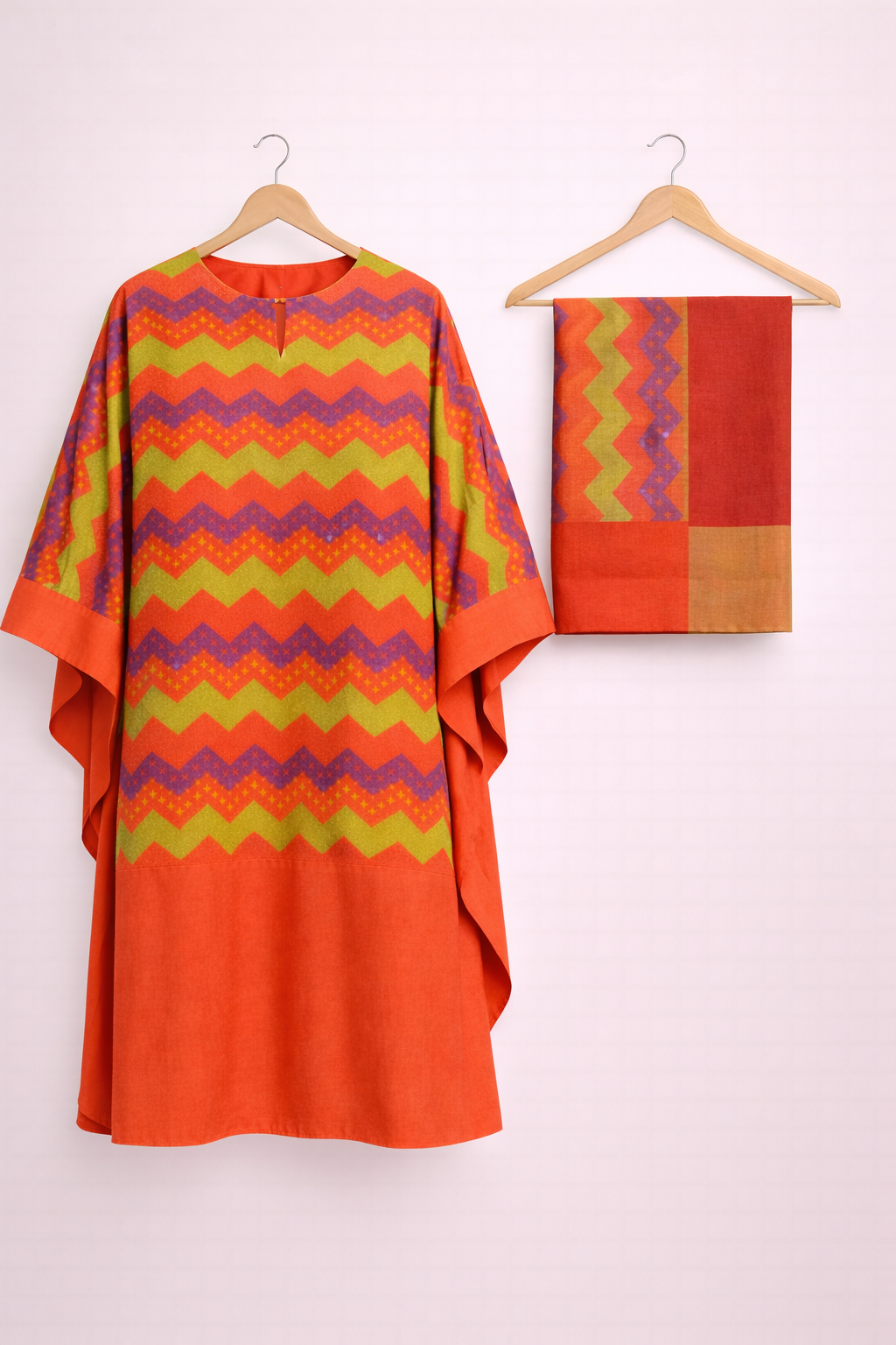 African Print Kaftan Maxi Dress Orange Chevron Loose Fit Bubu
