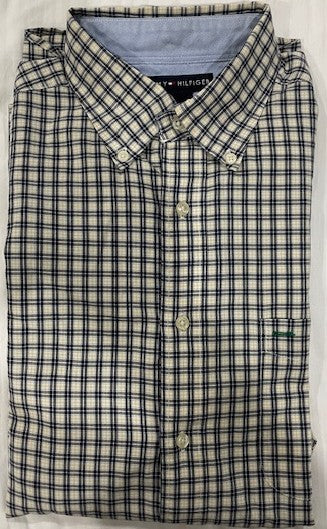 Tommy Hilfiger Men’s Plaid Button Down Shirt 100% Cotton Size Large Blue Yellow Check Long Sleeve