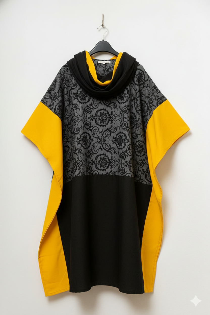 Black Yellow African Kaftan Maxi Dress Loose Bubu With Scarf