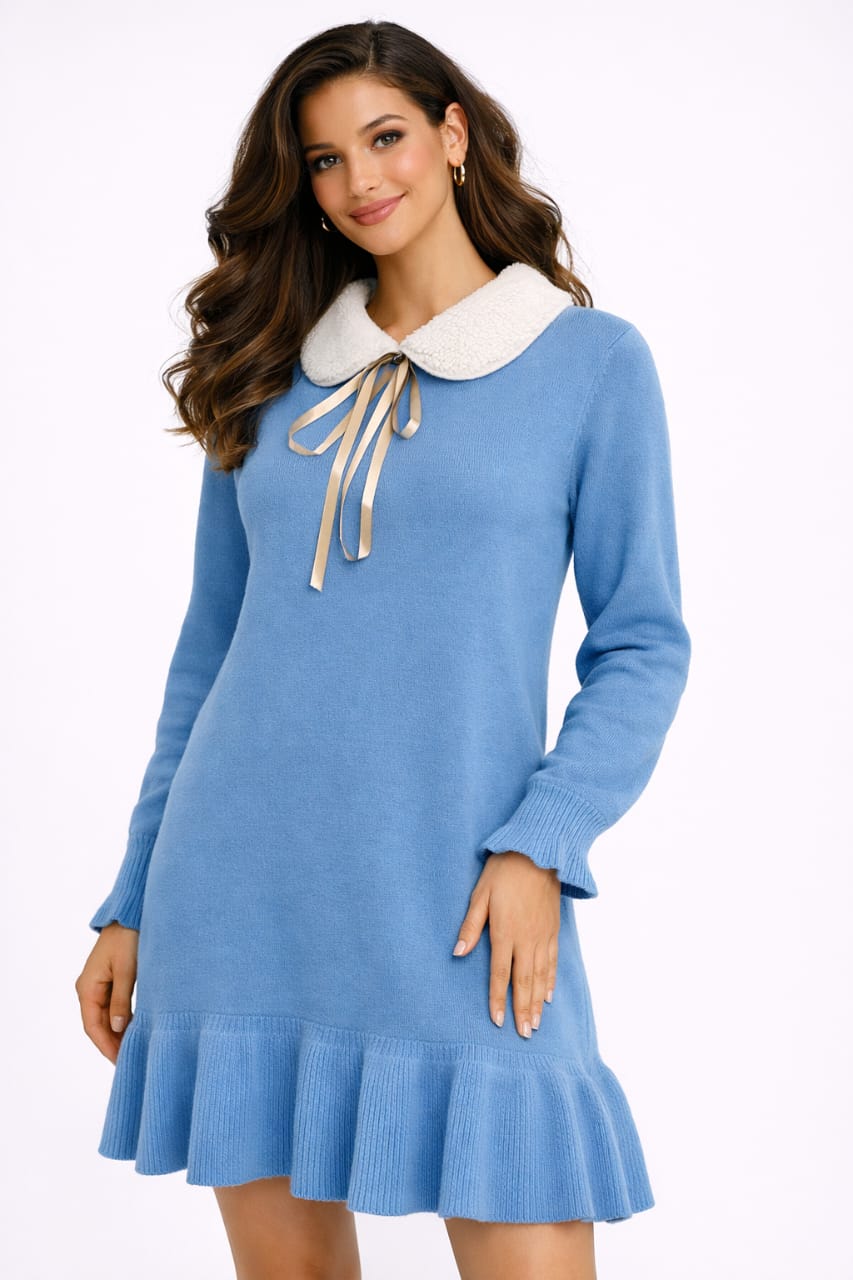 Women's Elegant Peter Pan Collar Dress – Feminine Ruffle Hem
