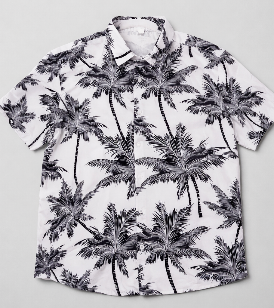 Men’s Tropical Palm Tree Button-Down Shirt XXL Black & White Hawaiian Style