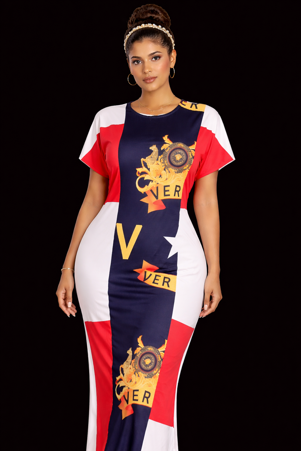 Women's Ornate Gold & Bold Color Maxi Dress – Statement Evening Gown