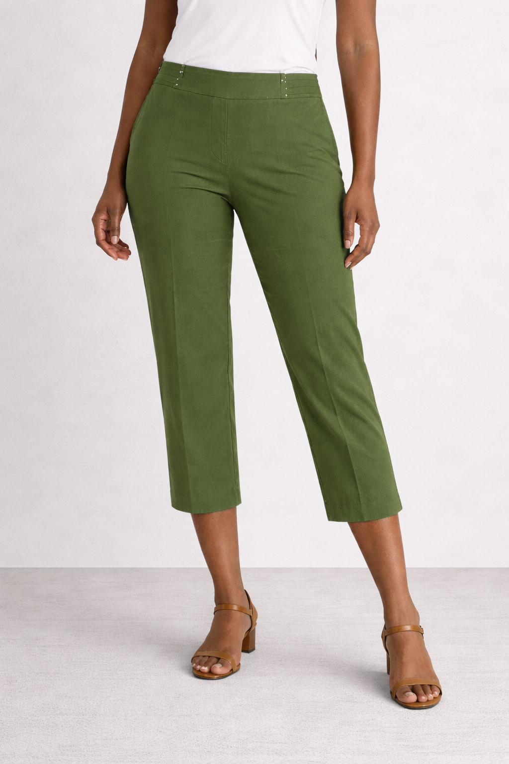 Olive Green Tailored Cropped Pants | High-Waist Slim Fit Trousers |