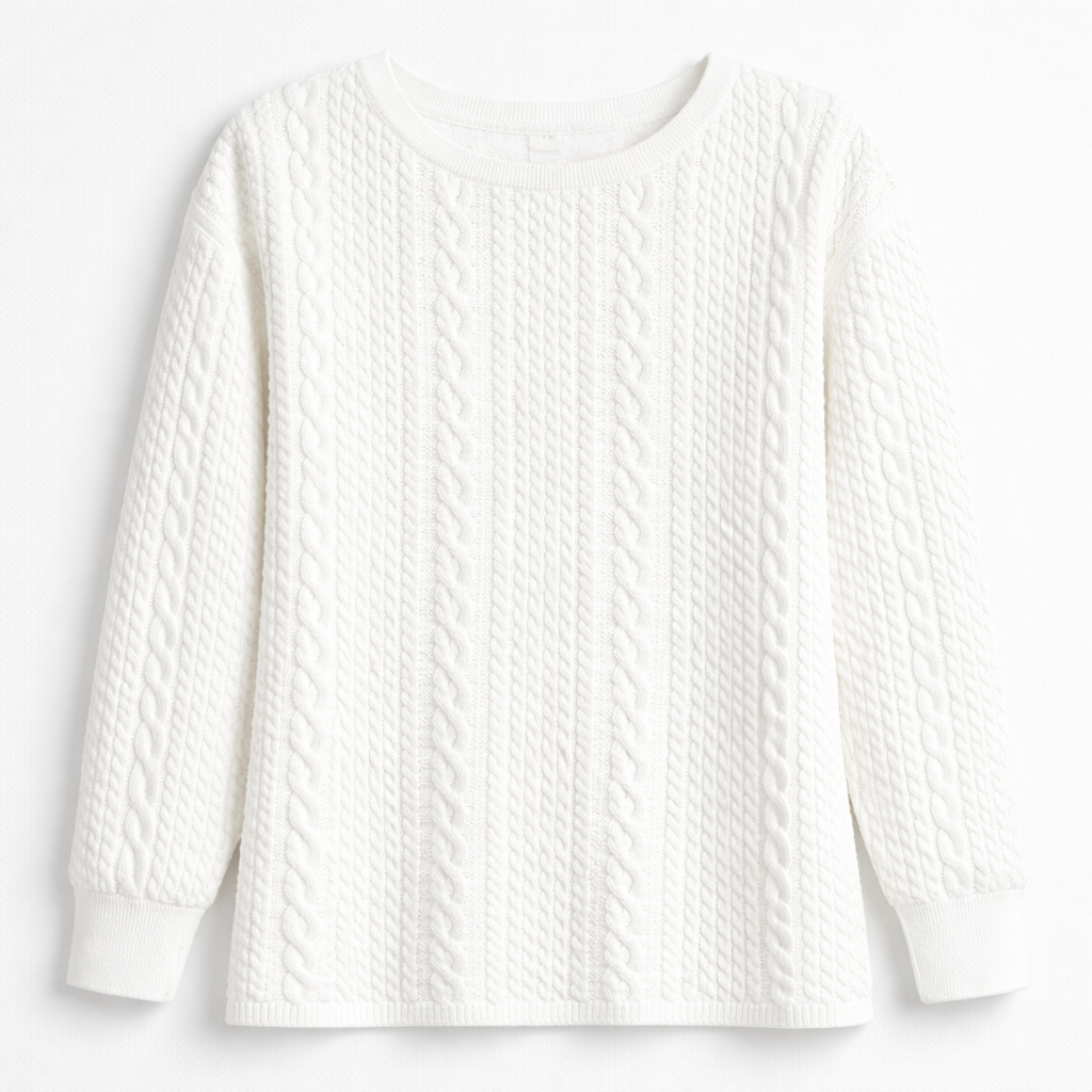 Pure Eternal White Cable Knit Stretch Blouse – Classic Textured Sweater Top (Large)