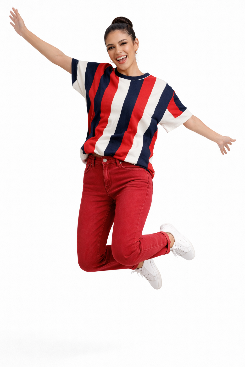 Women’s Hand-Sewn Red White Blue Striped Top – Handmade Retro Casual Shirt