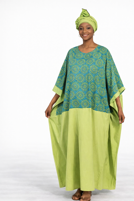 Teal Lime African Print Kaftan Maxi Dress Modest Bubu Set