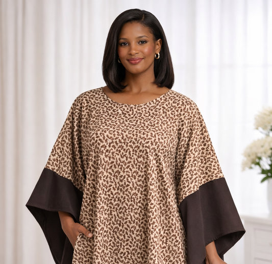 Women Mocha Brown Gingerbread Print Boubou Kaftan Maxi Dress Set