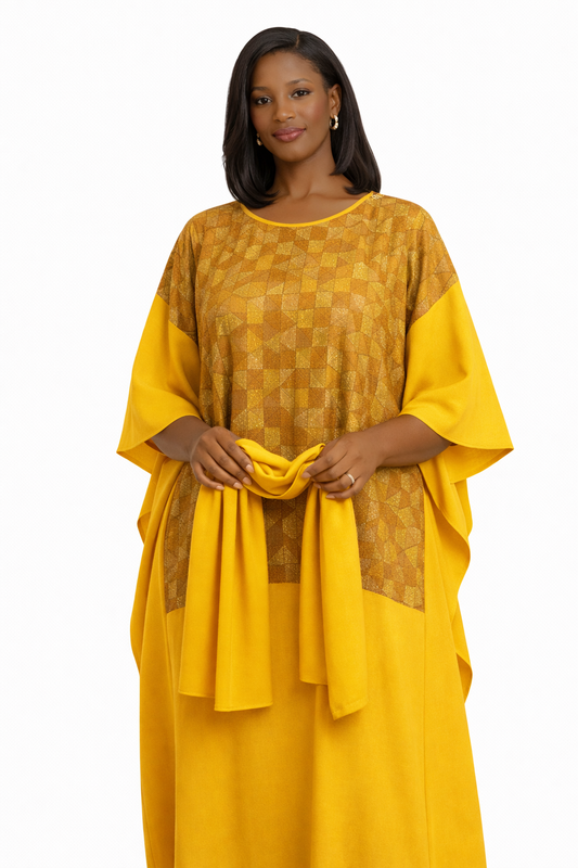 Women Mustard Yellow Kaftan Maxi Dress-Geometric Print-Plus Size Abaya