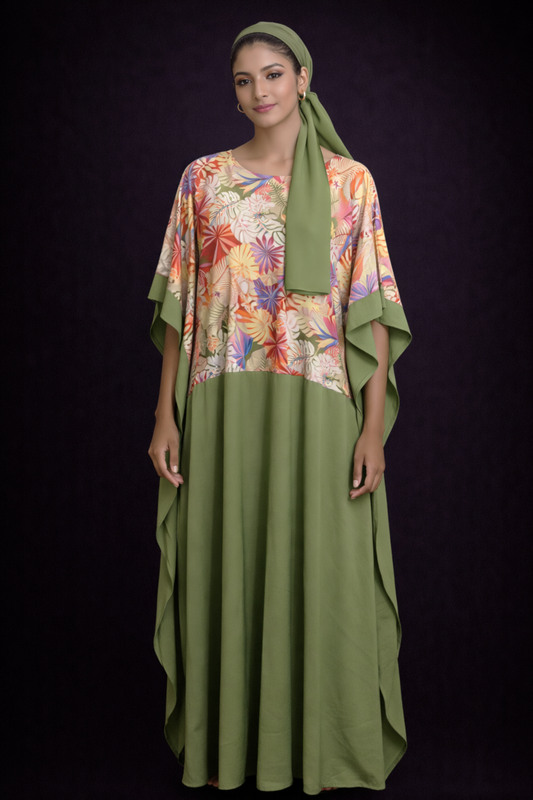 Women Floral Kaftan Maxi Dress-Olive Green Bubu Gown -Plus Size