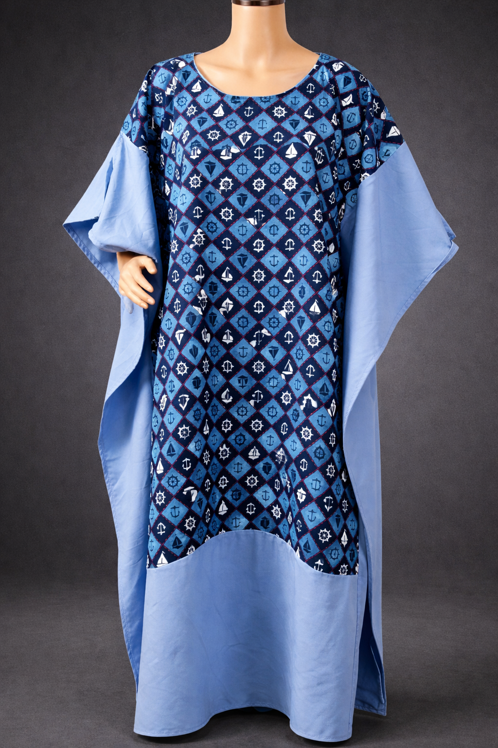 Women’s Blue African Kaftan Midi Dress Diamond Print Loose Fit