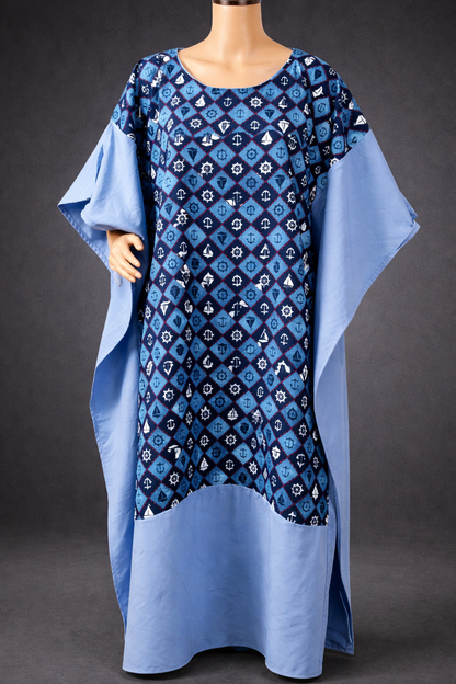 Women’s Blue African Kaftan Midi Dress Diamond Print Loose Fit