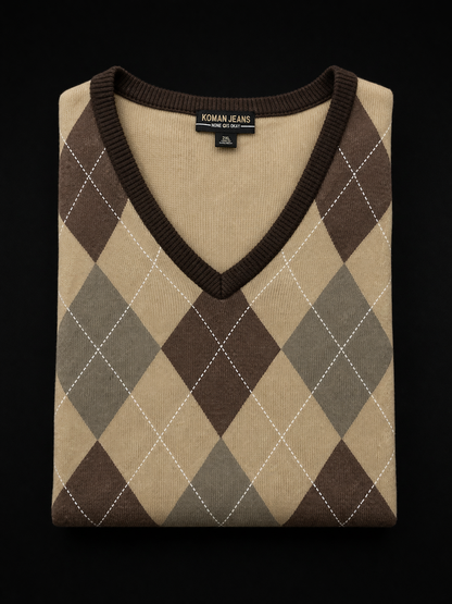 Men’s Premium Argyle Sweater Vest – Beige, Brown & Olive Classic Pattern