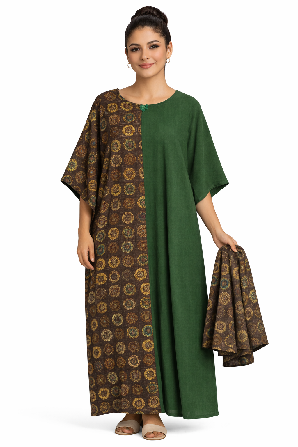 Women African Boubou Kaftan-Army Green Brown Maxi Dress Set
