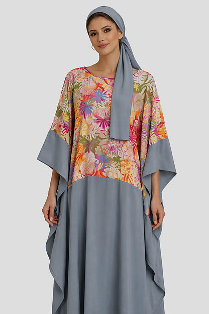 WOMEN Floral Kaftan Maxi Dress Grey Loose Bubu Gown Plus Size Set