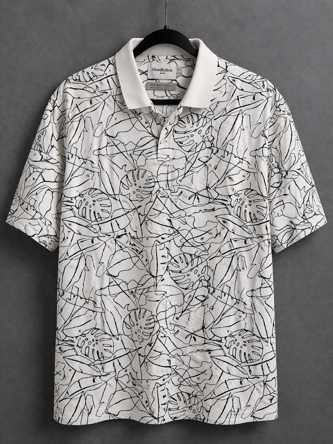 Goodfellow & Co Men’s Printed Polo Shirt XXL White Black Leaf Pattern Short Sleeve Stretch Casual Shirt