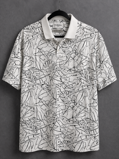 Goodfellow & Co Men’s Printed Polo Shirt XXL White Black Leaf Pattern Short Sleeve Stretch Casual Shirt