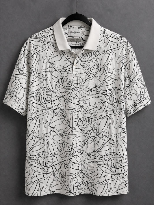 Goodfellow & Co Men’s Printed Polo Shirt XXL White Black Leaf Pattern Short Sleeve Stretch Casual Shirt