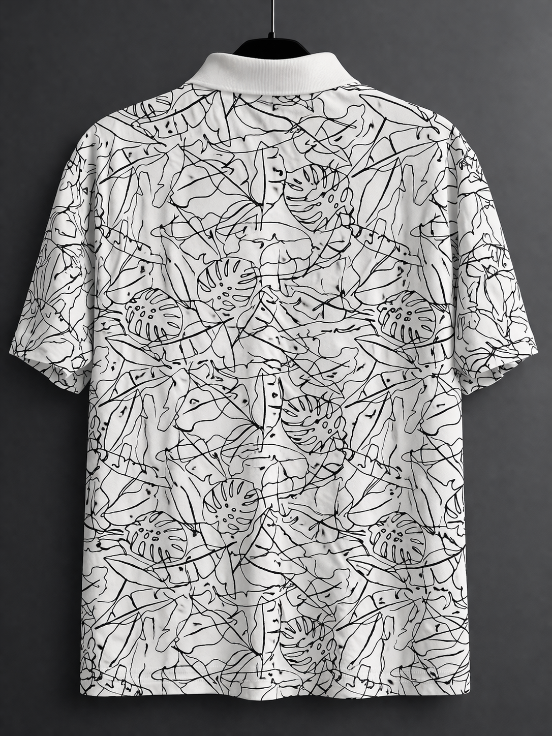 Goodfellow & Co Men’s Printed Polo Shirt XXL White Black Leaf Pattern Short Sleeve Stretch Casual Shirt