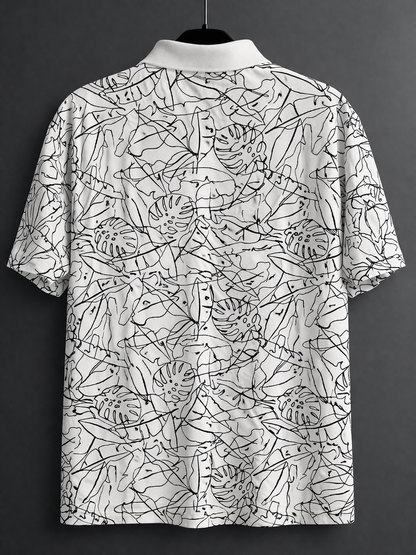 Goodfellow & Co Men’s Printed Polo Shirt XXL White Black Leaf Pattern Short Sleeve Stretch Casual Shirt