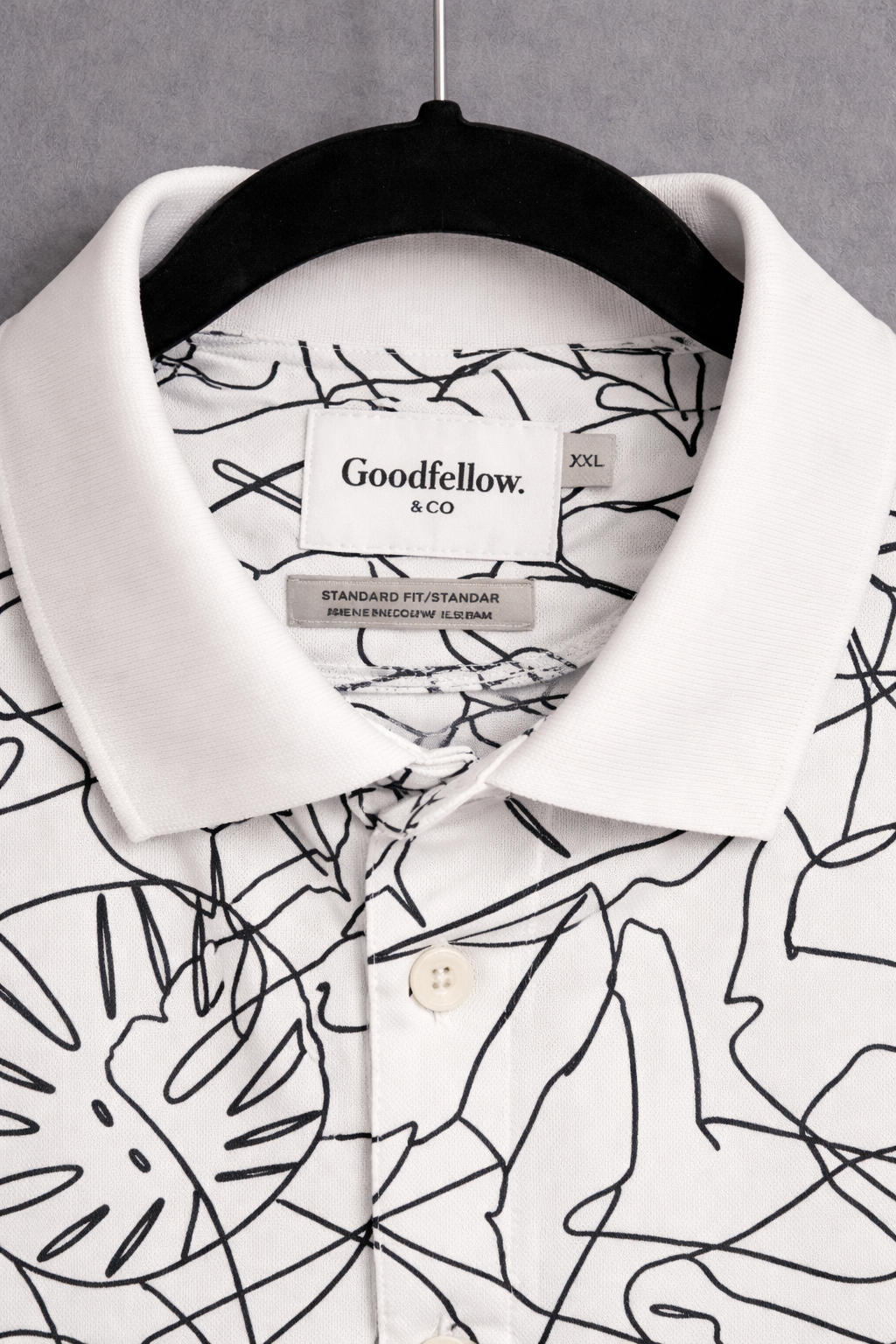 Goodfellow & Co Men’s Printed Polo Shirt XXL White Black Leaf Pattern Short Sleeve Stretch Casual Shirt
