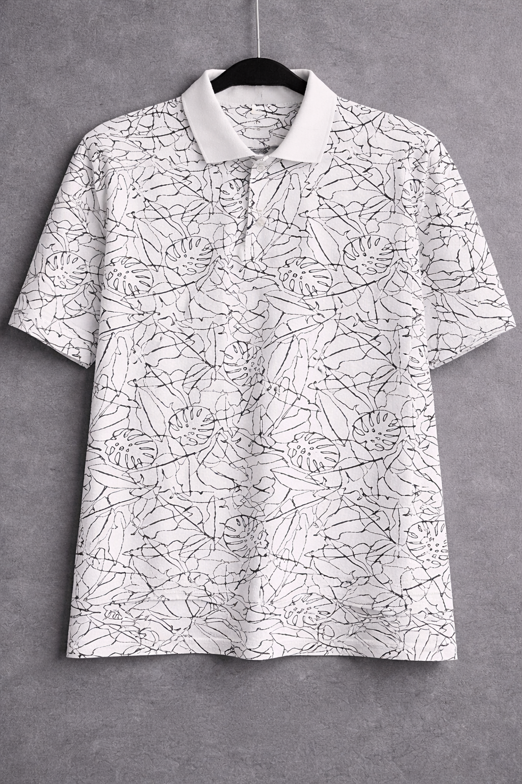 Goodfellow & Co Men’s Printed Polo Shirt XXL White Black Leaf Pattern Short Sleeve Stretch Casual Shirt