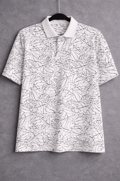 Goodfellow & Co Men’s Printed Polo Shirt XXL White Black Leaf Pattern Short Sleeve Stretch Casual Shirt