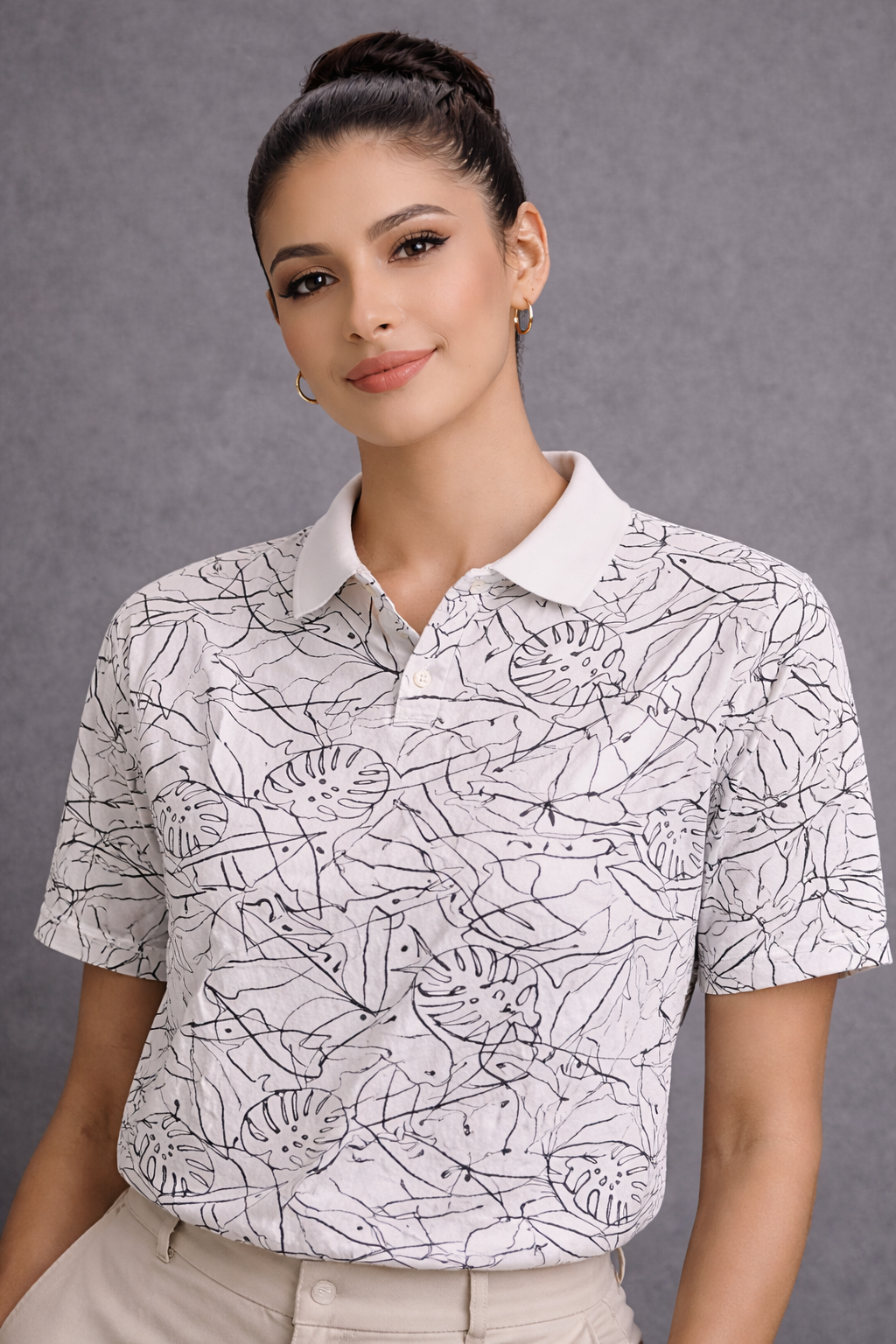 Goodfellow & Co Men’s Printed Polo Shirt XXL White Black Leaf Pattern Short Sleeve Stretch Casual Shirt