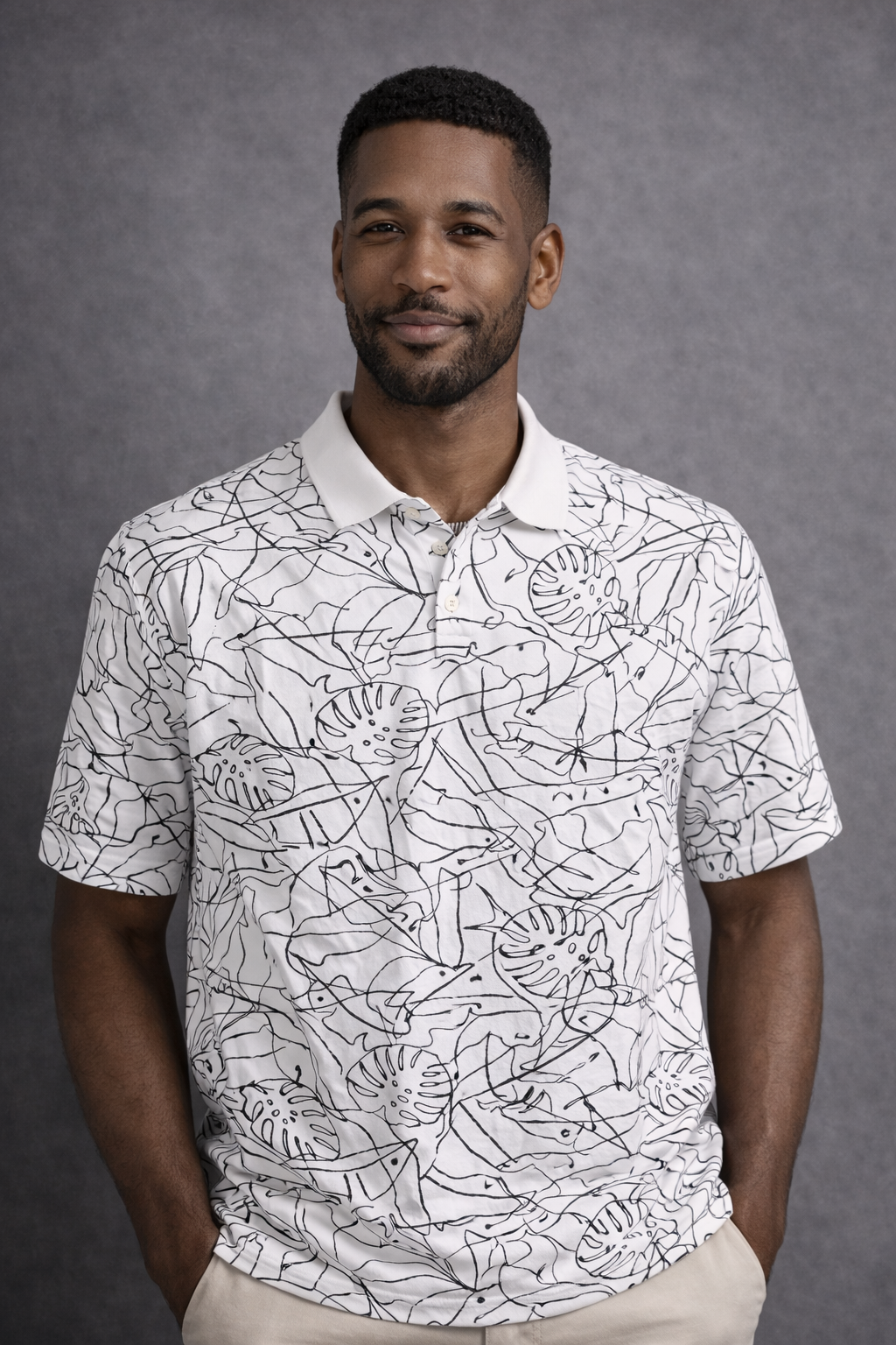 Goodfellow & Co Men’s Printed Polo Shirt XXL White Black Leaf Pattern Short Sleeve Stretch Casual Shirt
