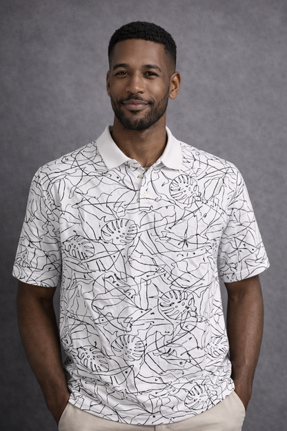 Goodfellow & Co Men’s Printed Polo Shirt XXL White Black Leaf Pattern Short Sleeve Stretch Casual Shirt