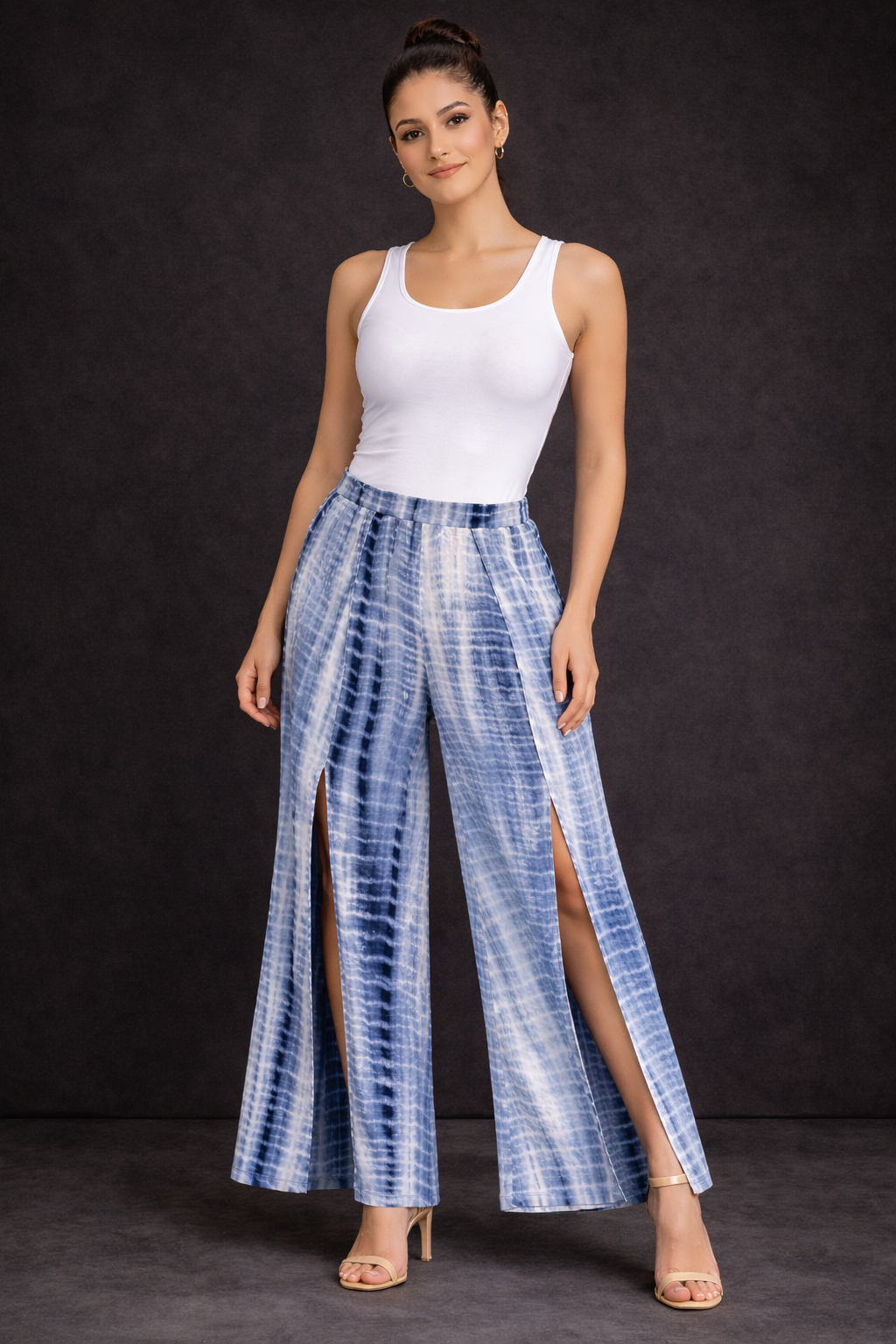 Women’s 1XL Flowy Tie-Dye Wide Leg Pants with Side Slits – Boho Chic High Waist Lounge Trousers