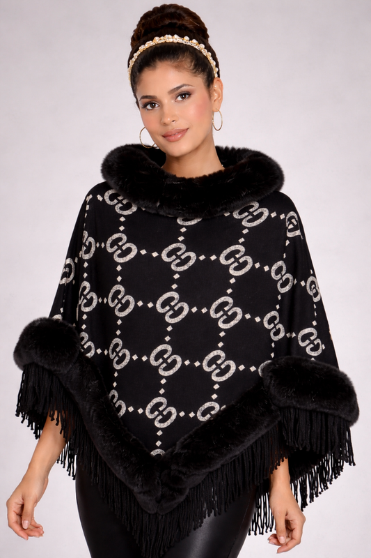Luxury Black Faux Fur Trim Poncho Shawl Women | Grey Chain Pattern Fringe Cape Elegant Winter Wrap