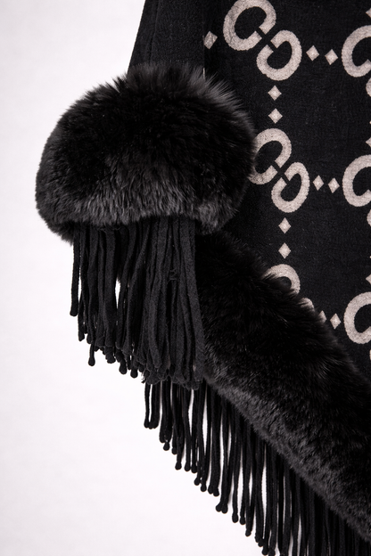 Luxury Black Faux Fur Trim Poncho Shawl Women | Grey Chain Pattern Fringe Cape Elegant Winter Wrap