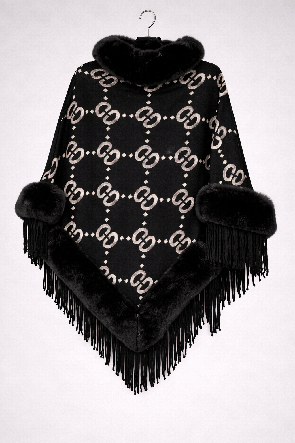 Luxury Black Faux Fur Trim Poncho Shawl Women | Grey Chain Pattern Fringe Cape Elegant Winter Wrap