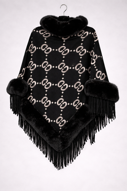 Luxury Black Faux Fur Trim Poncho Shawl Women | Grey Chain Pattern Fringe Cape Elegant Winter Wrap