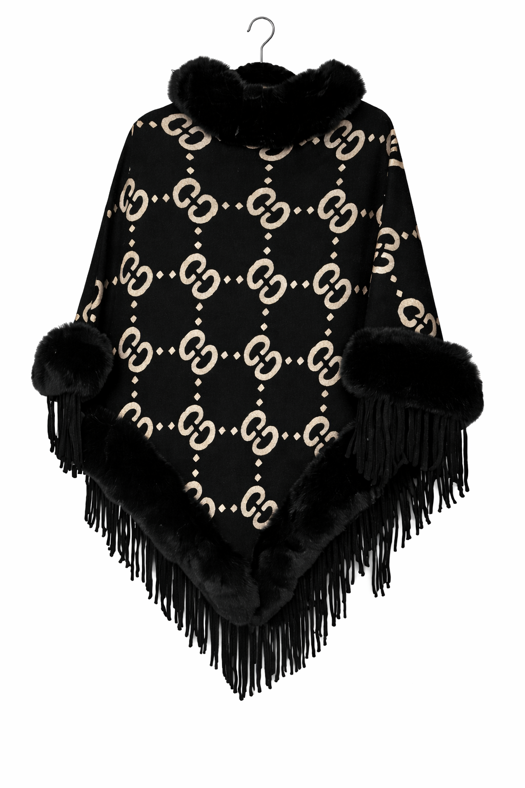 Luxury Black Faux Fur Trim Poncho Shawl Women | Grey Chain Pattern Fringe Cape Elegant Winter Wrap