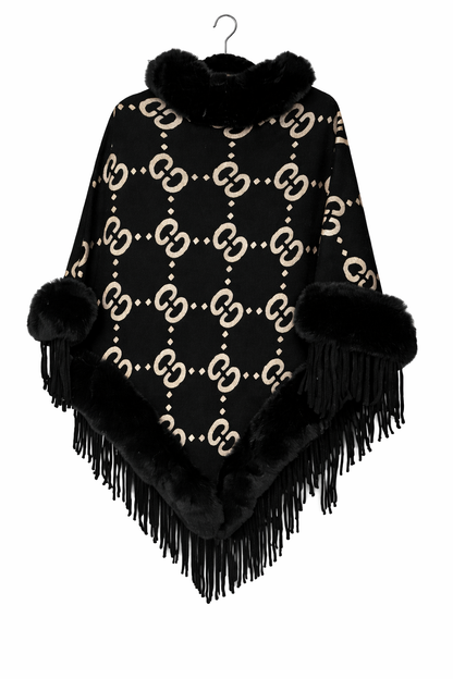 Luxury Black Faux Fur Trim Poncho Shawl Women | Grey Chain Pattern Fringe Cape Elegant Winter Wrap
