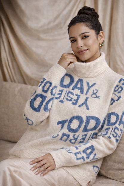 Graphic Statement Sweater – “Today & Yesterday” Oversized Knit Top