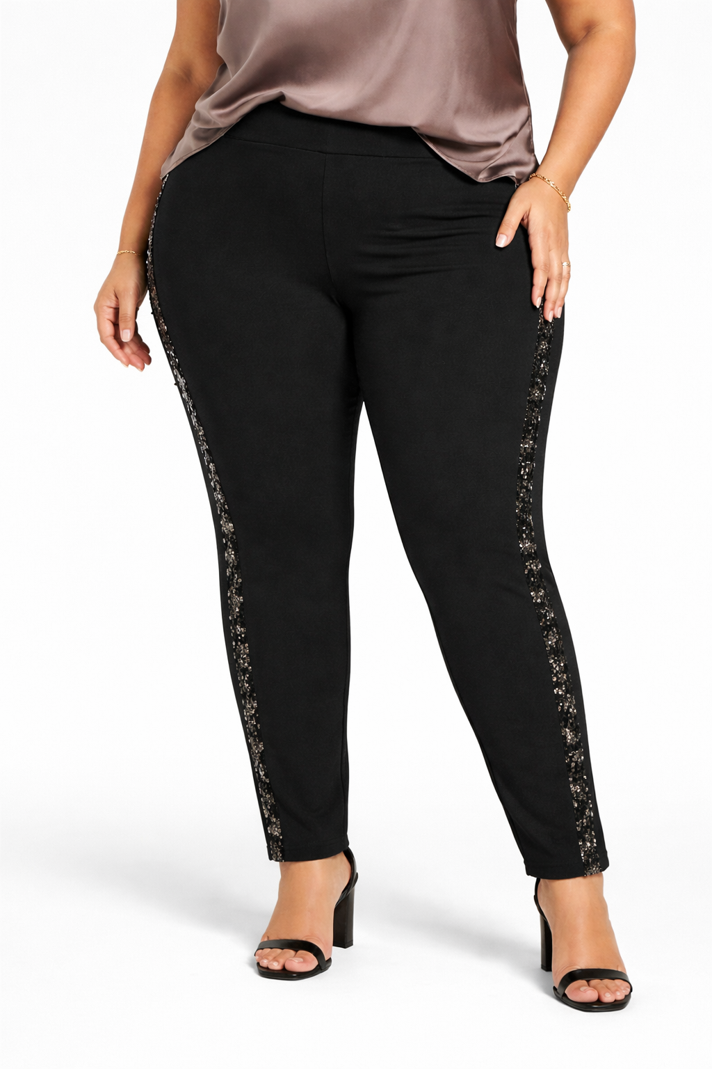 Plus Size 3X | Black Sequin Side Stripe Pants | Stretch | Slim Fit Trousers