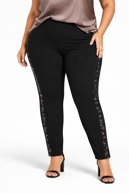 Plus Size 3X | Black Sequin Side Stripe Pants | Stretch | Slim Fit Trousers