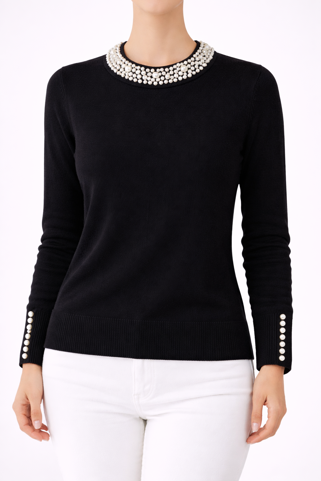 Women's Pearl Detail Long-Sleeve Knit Blouse
