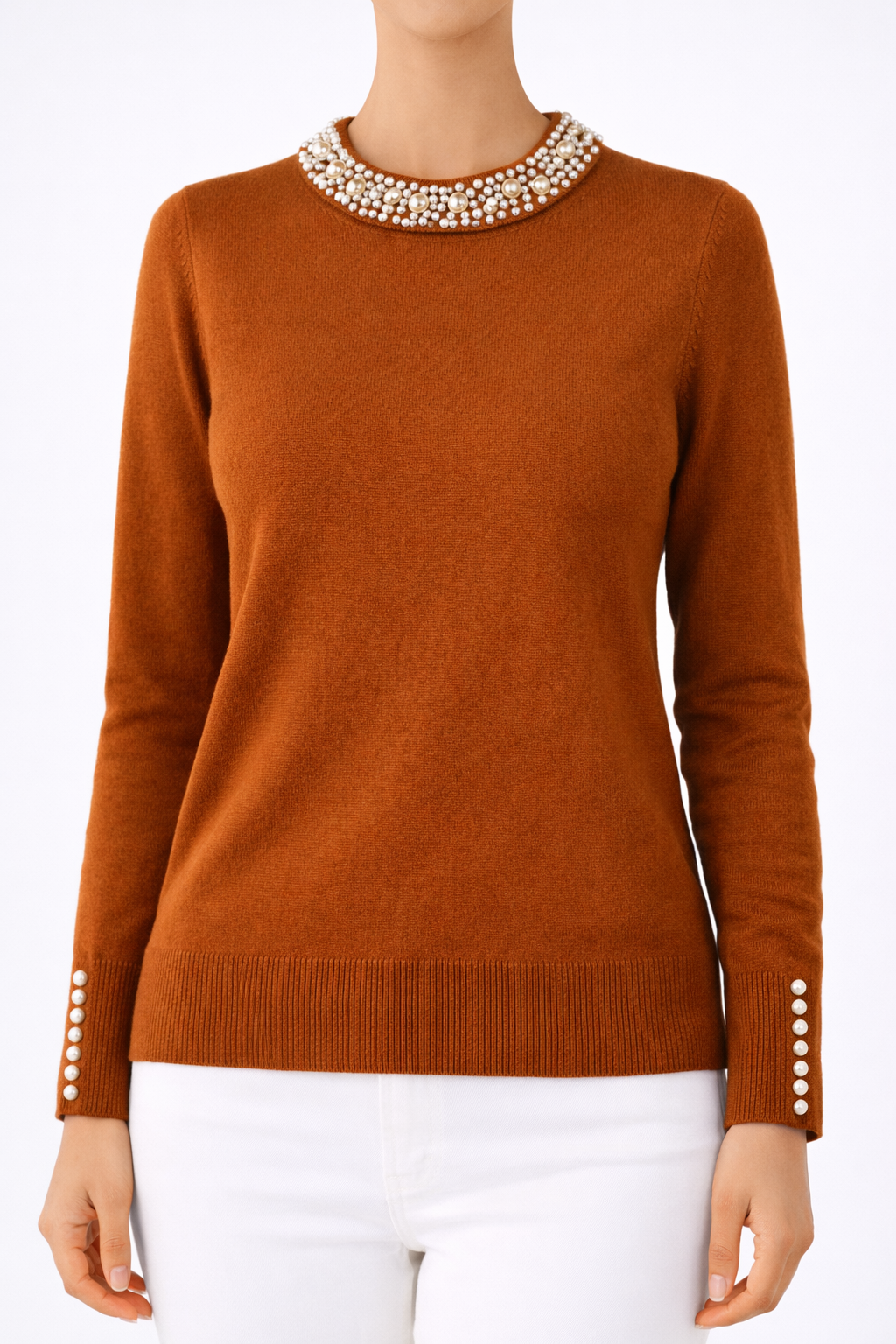 Women's Pearl Detail Long-Sleeve Knit Blouse