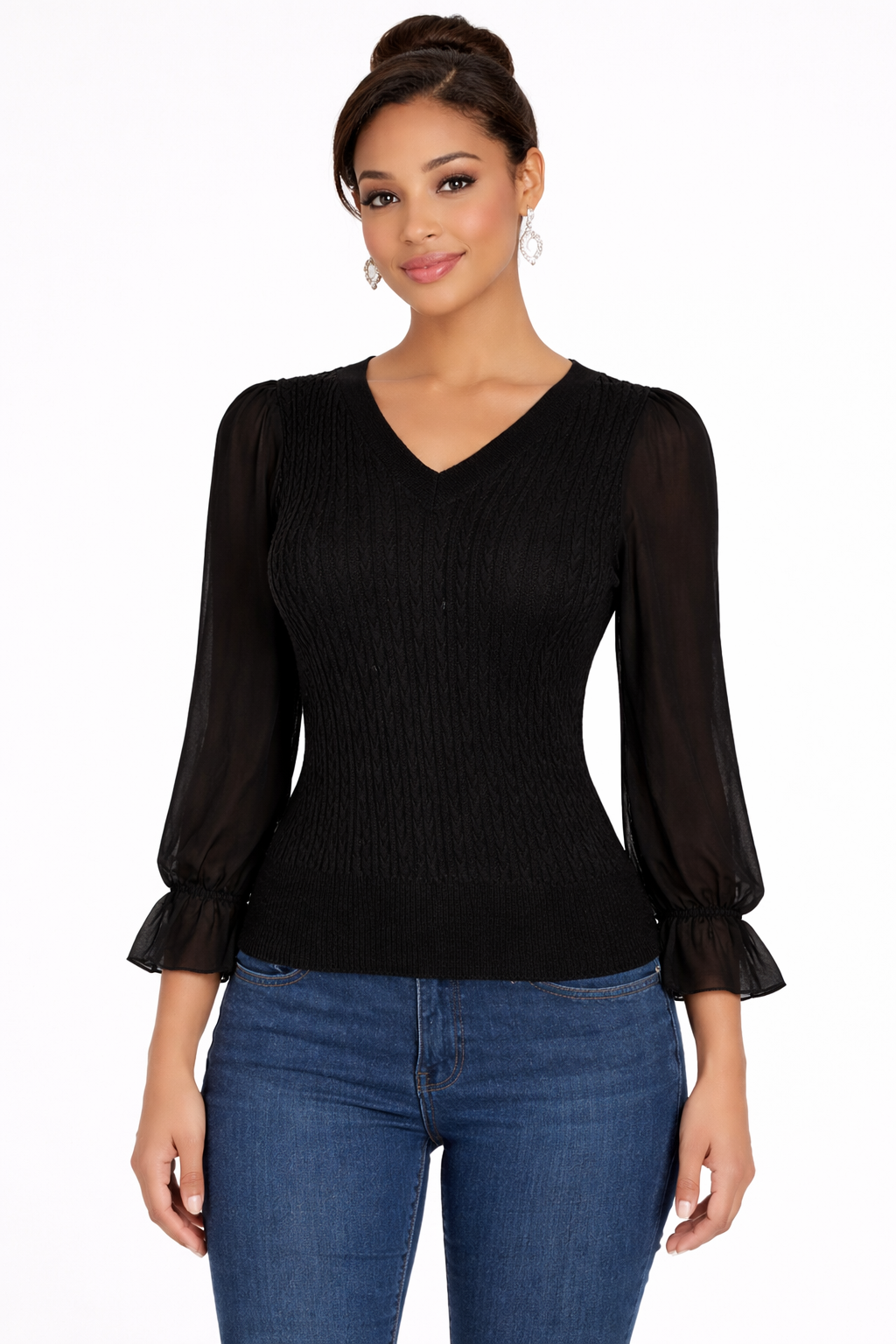 Textured V-neck knit blouse