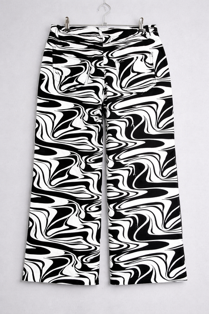 Black & White Marble Print Straight-Leg Pants