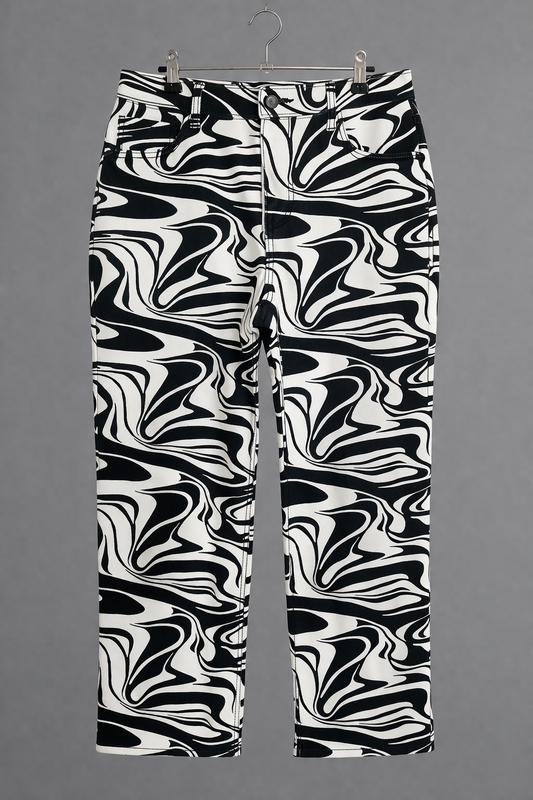 Black & White Marble Print Straight-Leg Pants