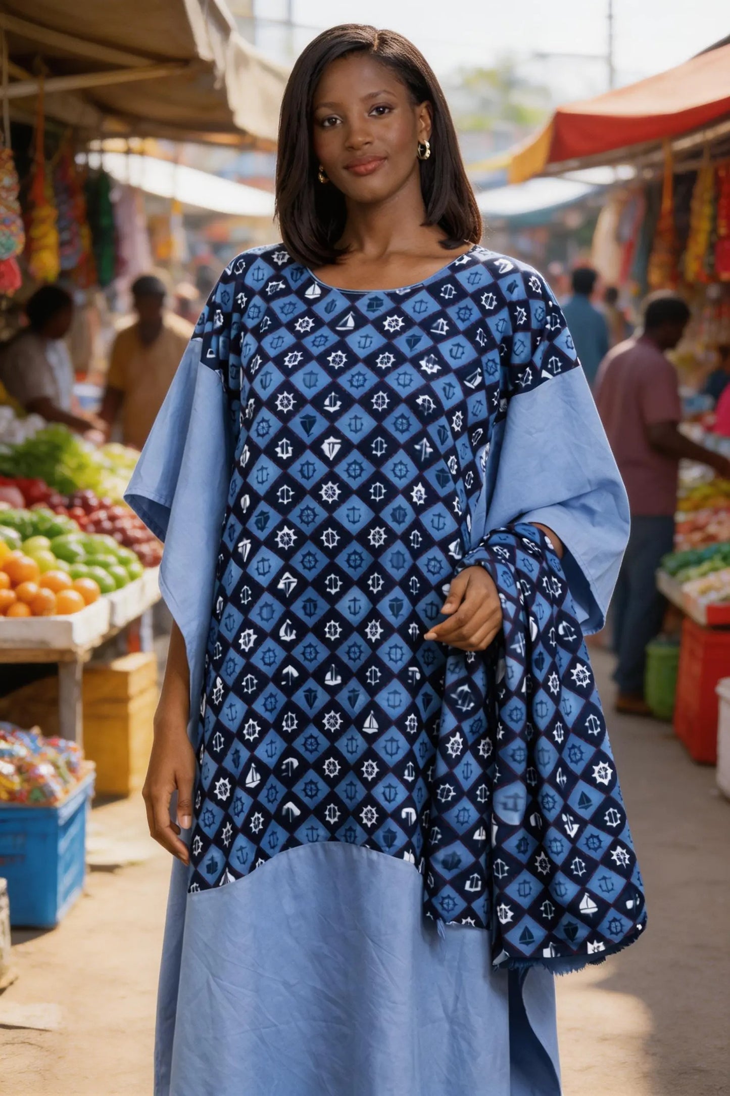 Women’s Blue African Kaftan Midi Dress Diamond Print Loose Fit